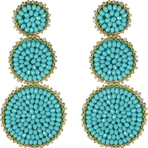 Turquoise Blue Beaded Triple Tiered Earrings Bohemian Boho Summer Festival New - Picture 3 of 9